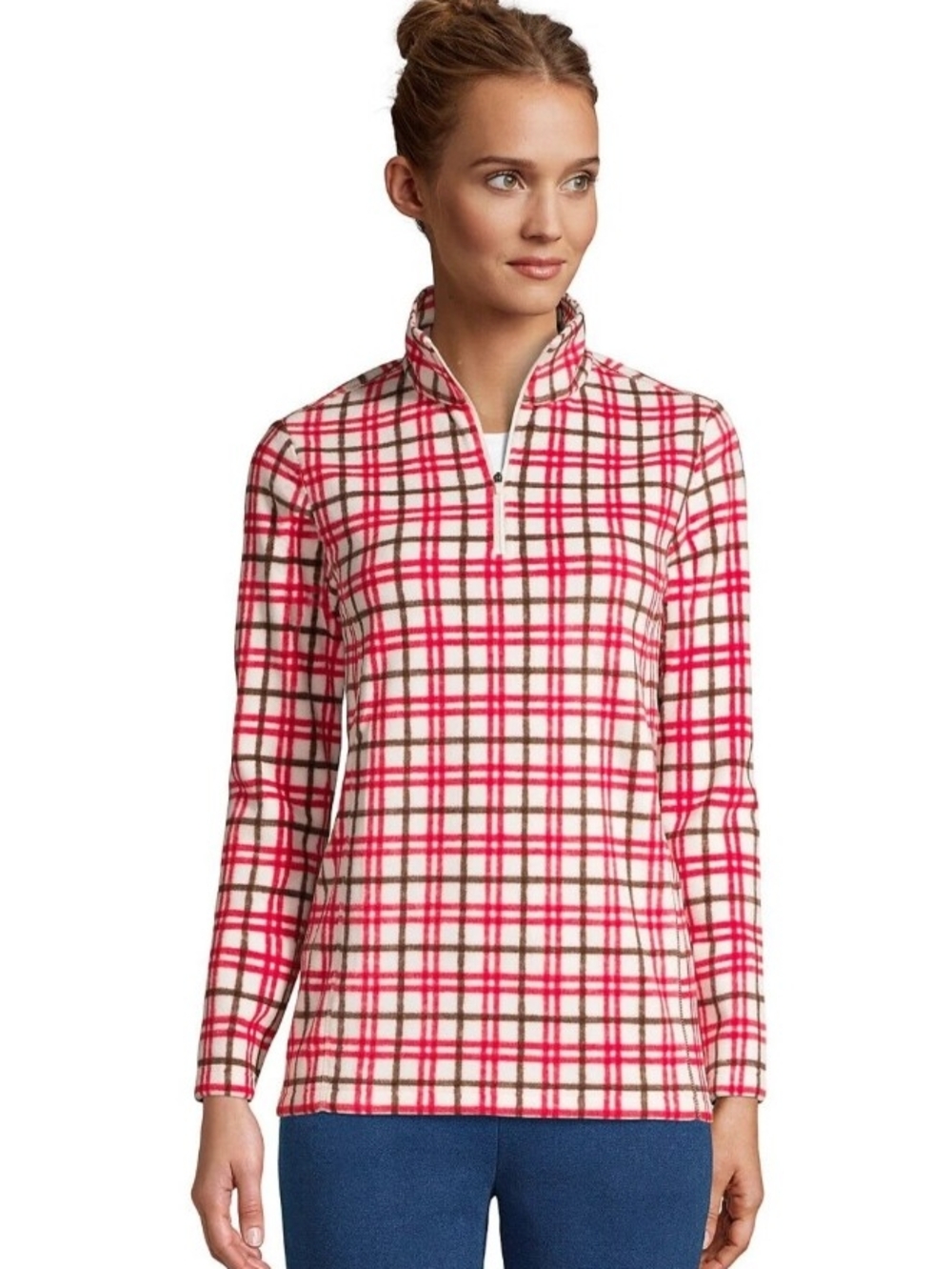 NWT Lands' End Pink & White Plaid Quarter-Zip Long Sleeve Pullover Misses Medium